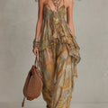 Set di Canotta Ruffled in Chiffon Stampato Khaki e Pantaloni a Gamba Larga