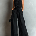 Set di Top in Cotone-lino Finto con Scollo a Halter e Pantaloni a Gamba Larga con Pizzo